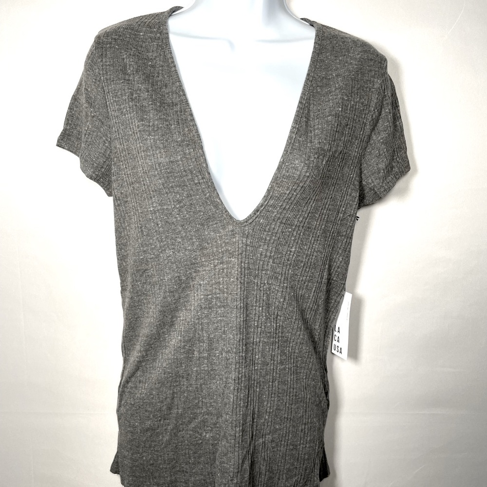 Anthropology Lacausa Cotton Grey Deep V Neck T-Shirt Size Large